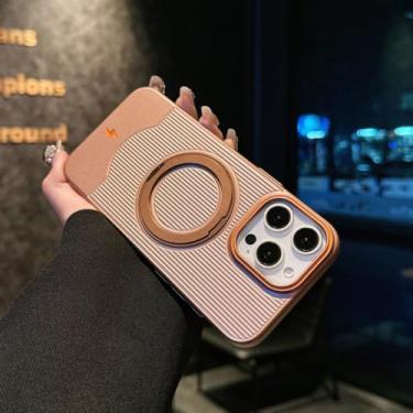 Imagem de Capa para iPhone 14 com suporte magnético giratório 360° para carro, em metal, cor sólida, dourada.