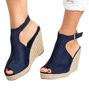 Imagem de Sandálias anabela femininas casuais de verão, moda slip-on sapatos romanos casual verão praia sandálias fivela tira sandálias, Azul, 7