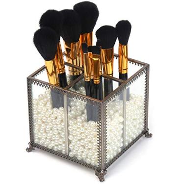 Imagem de PuTwo Organizador de maquiagem vintage com 4 seções de pincéis de maquiagem com pérolas brancas gratuitas