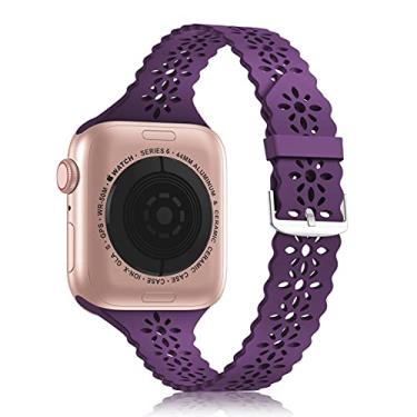 Imagem de YAXIN Pulseira de silicone de renda compatível com Apple Watch de 38 mm, 40 mm, 42 mm, 44 mm, 41 mm, 45 mm, 49 mm, pulseira esportiva feminina fina vazada para iWatch com fecho clássico