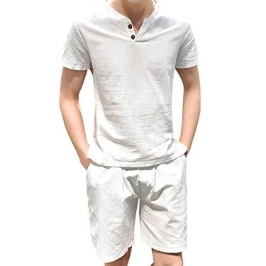 Imagem de Ternos de peito duplo fino para homens conjunto de tamanho de manga curta camiseta masculina linho sólido conjunto casual grande algodão masculino, Branco, 3G