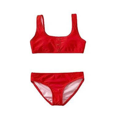 Imagem de Biquíni esportivo de praia, frente única, 2 peças, conjunto de biquíni esportivo de cintura alta, roupa de banho para meninas, Vermelho, 3-4 Anos