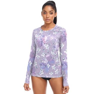 Imagem de Camisetas femininas de natação floral lilás contemporâneas, camisas de surfe Rash Guard de manga comprida, Cores lilás florais contemporâneas, GG