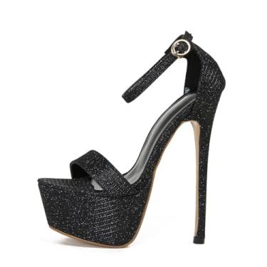 Imagem de YGJKLIS Sandálias femininas pretas de 16 cm plataforma stiletto, sandálias de salto alto com tira no tornozelo da moda de verão, Preto, 34