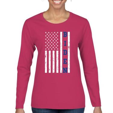 Imagem de Joe Biden Bandeira Americana 2024 Camiseta Feminina Manga Longa Pro Partido Democrata Presidente Democratas Azul Estados EUA Política, Rosa choque, G