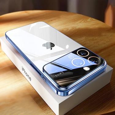 Imagem de Capa luxuosa de proteção para câmera de vidro temperado para iPhone 14 Pro Max 15 Plus iPhone 12 13 ProMax Capa traseira rígida de acrílico transparente, azul, para iPhone 13Pro