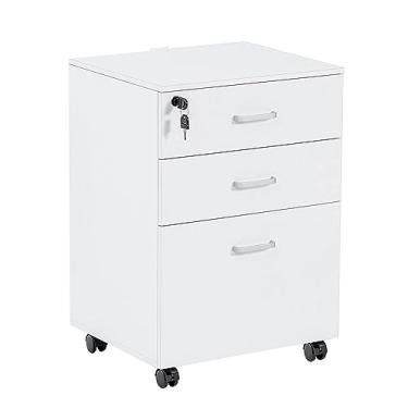 Imagem de QDSSDECO Armário de arquivo com 3 gavetas, armário de arquivo vertical móvel compatível com A4, papel legal e papel carta para home office, branco com trava