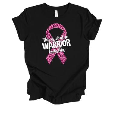 Imagem de Camiseta feminina estampada This is What A Warrior Looks Like Inspiring for Cancer Fighters and Survivors Pink Ribbon Short Sleeve, Preto, P