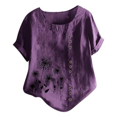 Imagem de Howstar Camiseta feminina de verão, casual, floral, algodão, linho, bordada, manga curta, gola redonda, camisetas estampadas grandes, A6 - Roxo, M