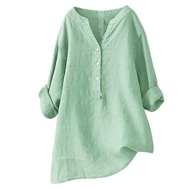 Imagem de Howstar Blusa feminina de verão 2024 plus size de linho com botões e gola V, blusa casual e manga curta, Verde, M