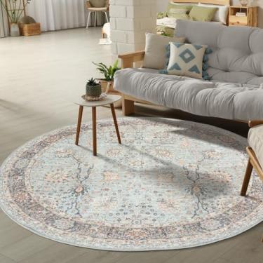 Imagem de GLN Rugs Coleção tradicional – Tapete lavável à máquina, lavável tradicional, antiderrapante, tapete de chenille de pelo baixo, sala de estar, quarto, cozinha (1,60 m redondo azul floral)