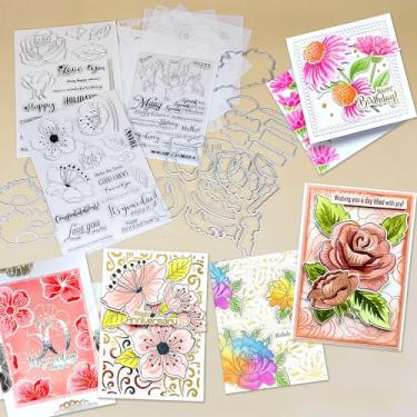 Imagem de Alinacutle 4 conjuntos de carimbos de flores transparentes, estêncil em camadas e matrizes de corte de metal para presente, artesanato, artesanato, cartões, faça você mesmo, cartões comemorativos,