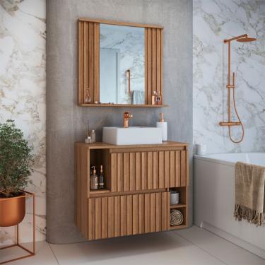 Imagem de Conjunto de Gabinete com Cuba Branca e Espelho de Banheiro Luiza 2 PT Mel