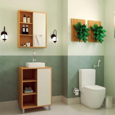 Imagem de Conjunto de Gabinete com Cuba Branca e Armário de Banheiro com Espelho Julia 2 PT Mel e Arenas