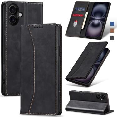 Imagem de Jasonyu Flip Carteira Capa para iPhone 16 Plus,Capinha Folio Magnética de Couro com Suporte para Cartão,Suporte para Chute - Protetora Durável de TPU à Prova de Choque para Telefone,Preto