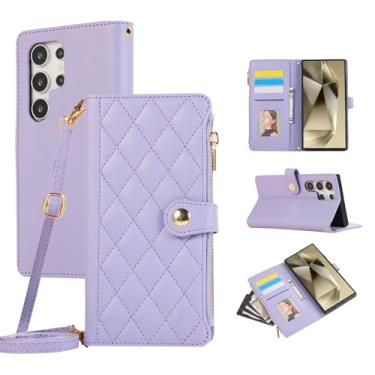 Imagem de Bolsa carteira com zíper compatível com Samsung Galaxy S24 Ultra Crossbody Case com suporte para cartão de crédito alça de pulso feminina 16,8 polegadas flip couro sintético (roxo, S24 Ultra)