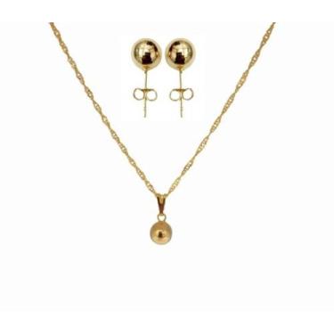 Imagem de Conjunto Colar e Brinco Bola Dourada Folheado Ouro 18k Antialérgico - 