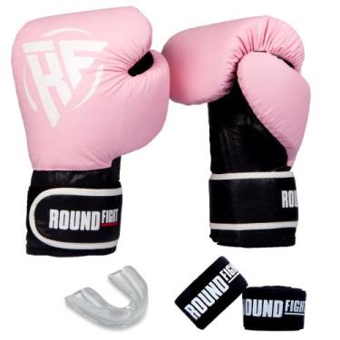 Imagem de Kit Boxe Treino Kickboxing Luva Bandagem Bucal Round Fight, Rosa, 10oz