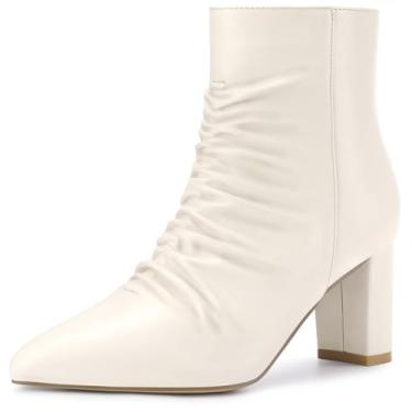 Imagem de Perphy Botas femininas franzidas, bico fino, salto grosso, cano curto, Creme, 37