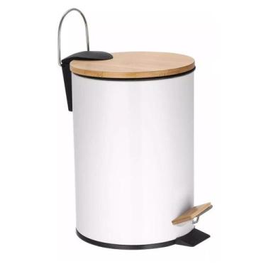 Imagem de Lixeira Round Branca 5l Bambu C/ Pedal E Balde Removível - Kadê
