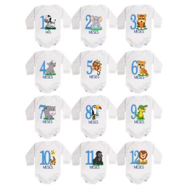 Imagem de Body Bebê Mesversario Manga Longa Safari Menino Kit 12 Bodies 1 a 12 M