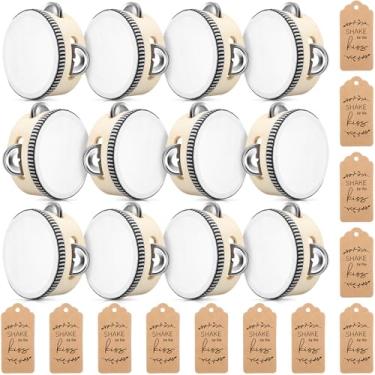 Imagem de Boao 12 conjuntos de pandeiros de casamento de 15 cm para adultos tambor de mão de madeira com etiquetas instrumento musical de percussão de corda para festa de casamento na igreja