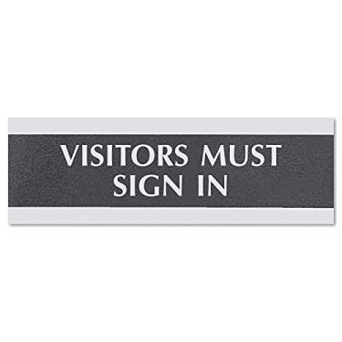Imagem de Headline Sign Placa de escritório série 4763 Century e placa Visitantes Must Sign in, 22,8 x 7,6 cm, preta/prata
