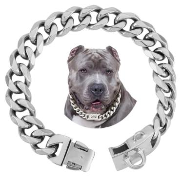 Imagem de BAOBOTE Coleira de cachorro de corrente de prata de 19 mm, coleira de elos cubanos luxuosos com fivela de encaixe, para Pitbulls grandes (prata de 66 cm)