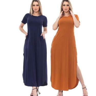 Imagem de Kit 2 Vestidos Longo  Premium Azul Marinho e Caramelo Com Fenda Latera
