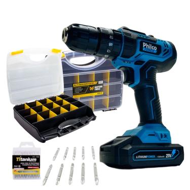 Imagem de Parafusadeira e Furadeira 21V Com Jogo de 10 Ponteiras Duplas e Maleta Organizadora 16 Divisões Fasterr