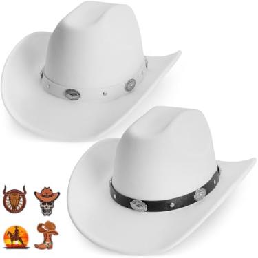 Imagem de ONODIRY 2 peças de chapéu de cowboy ocidental para homens e mulheres chapéu Fedora clássico com cinto de 3 fivelas 4 peças (EUA, alfa, 3GG, médio, branco)