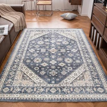 Imagem de COSOSA Tapete de área vintage lavável – Tapete tradicional oriental para decoração de casa 12 x 18 cm, tapete antiderrapante para sala de estar, quarto e sala de jantar, azul marinho