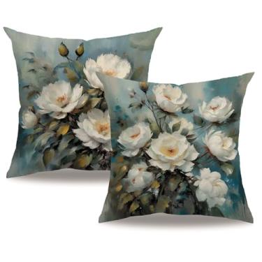 Imagem de 7COLORROOM Capa de almofada rosa, rosa vermelha desabrochando com flores e folhas verdes, fronhas quadradas decorativas, 45 x 45 cm, pacote com 2 para sofá, cama (branca)