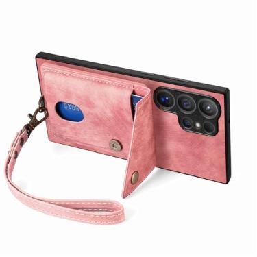 Imagem de LYJSMGZ Capa com alça de pulso para Samsung Galaxy S25 Ultra/S25 Plus/S25, capa de telefone fina de couro com compartimento para cartão, suporte para sucção magnética de veículos, rosa, S25 Ultra