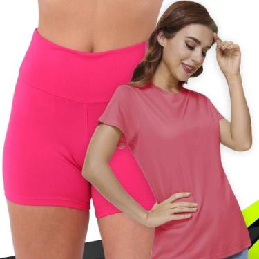 Imagem de Kit Short Legging BÁSICO Cós Alto + Camiseta Corrida Academia Fitness 