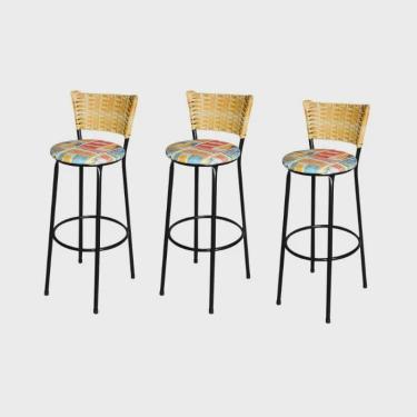 Imagem de Jogo 3 Banqueta Alta Para Cozinha Ratan Palha Preta Estofado Cerveja
