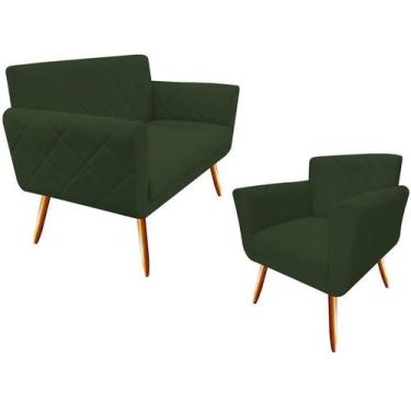 Imagem de Kit Namoradeira + 1 Poltrona Decorativa Sabrina Suede Verde Pés Madeir