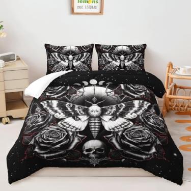 Imagem de AILONEN Conjunto de edredom casal de mariposa da morte, crânio, rosa, flor, lua, para meninos e adolescentes, conjunto de edredom de mariposa gótica, 3 peças para decoração de quarto, 1 colcha e 2