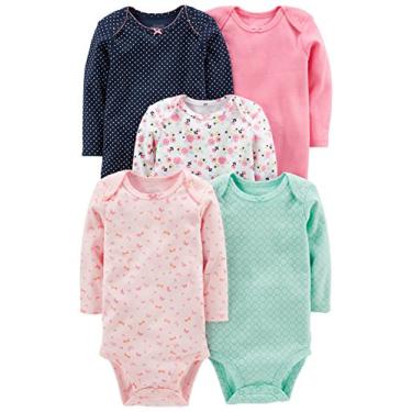 Imagem de Simple Joys by Carter's Body de manga comprida para bebês meninas, pacote com 5, Verde menta/bolinhas marinhas/rosa/borboletas/floral, 3-6 Meses