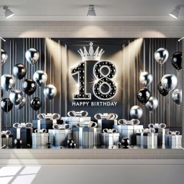 Imagem de BlissYard Banner de aniversário de 18 anos, preto, prata, cenário de aniversário de 18 anos, decoração de festa feliz de 18 anos para meninos e meninas, acessórios para fotos de aniversário de 189 x