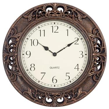 Imagem de BEW Relógio de parede grande de 45 cm para decoração de sala de estar, relógio de parede analógico silencioso bronze vintage com moldura esculpida, relógio rústico operado por bateria para cozinha