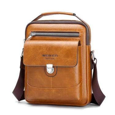 Imagem de Bolsa de ombro masculina transversal pequena vintage de couro bolsa transversal lateral, Caqui, Small