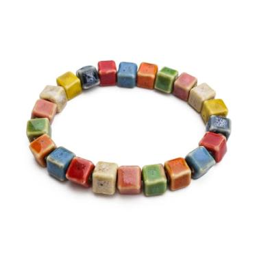 Imagem de Zlanderah Pulseira de contas de cerâmica colorida quadrada feita à mão, pulseira elástica boho para mulheres, joias hippie presentes para mulheres