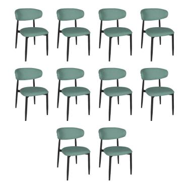 Imagem de Kit 10 Cadeiras De Jantar Lucy Estrutura Aço Carbono Laminado Preto Com Estofado Linho Verde