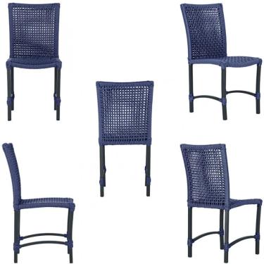 Imagem de 7 Cadeiras De Jantar Cannes De Alumínio Pintura Preta Trama Azul