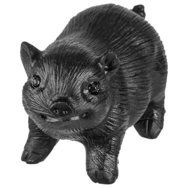 Imagem de Nupuyai Estátua de porco esculpida à mão para decoração de casa, estatueta de cristal obsidiana preta natural para decoração de escultura em pedra para Fengshui