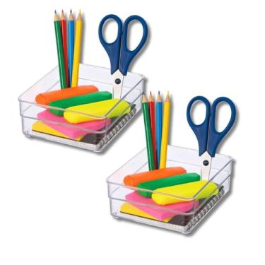 Imagem de Kit com 2 Organizador De Gaveta Multiuso Em acrílico Para Armário | Material escolar | Escritório | Cozinha | Geladeira | Banheiro 15x15x5,2cm Transparente