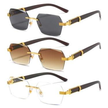 Imagem de AIEYEZO Óculos De Sol Retrô Sem Aro Retangular Unissex Vintage Sem Armação Óculos De Sol Fashion Quadrados Óculos Coloridos (Dourado/Cinza + Dourado/Marrom + Dourado/Transparente)