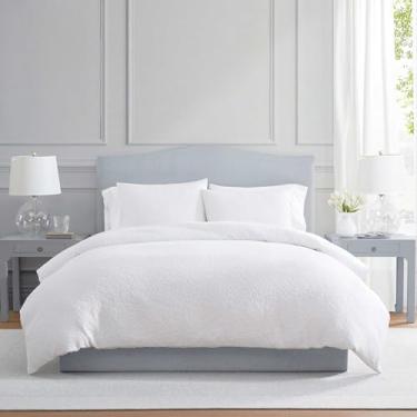 Imagem de Martha Stewart - Conjunto de edredom queen, roupa de cama jacquard naturalmente macio e rico em algodão com fronhas combinando, conjunto de cama texturizado de 3 peças (treliça de jardim branco)