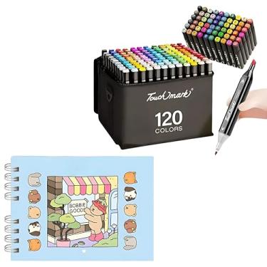 Imagem de Kit de Arte Terapia Bob Goods, 120 Canetas Touch Mark com Ponta Dupla, Caderno de Colorir 50 Páginas, Capa Dura
